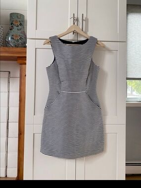 Armani Exchange Navy Blue and White Striped Sleeveless Sheath Dress